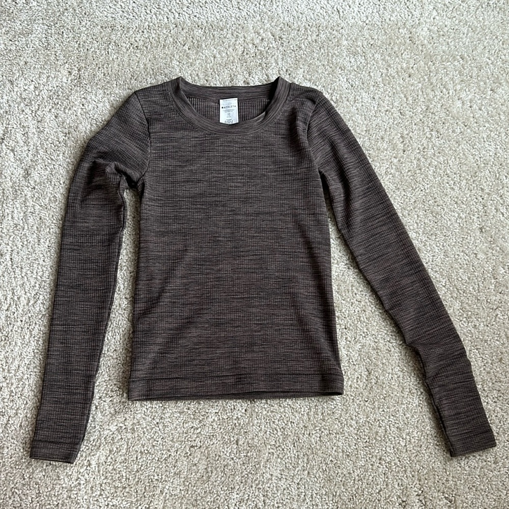 Athleta Heathered Brown Ribbed Long Sleeve Athletic Crew Top Size XXS